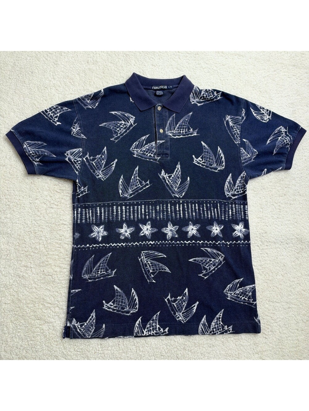 Vintage 90s Nautica Sailboat Polo Shirt Mens Large Navy Blue All Over Print